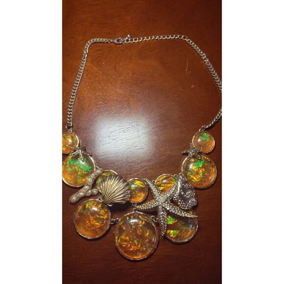Faux Iridescent Opal Gold Starfish Acents Statement Necklace - Picture 1 of 5